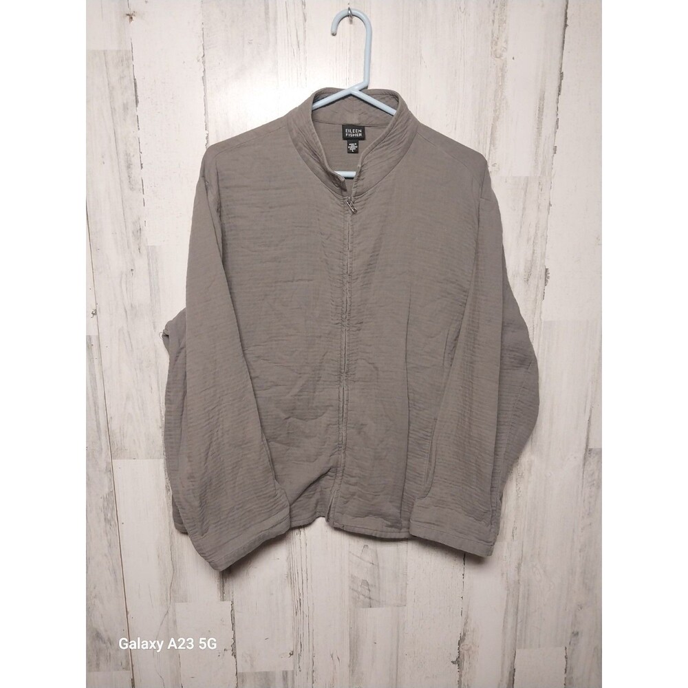 Eileen Fisher Jacket Womens Large Gray Gauze Full Zip Cotton Pockets